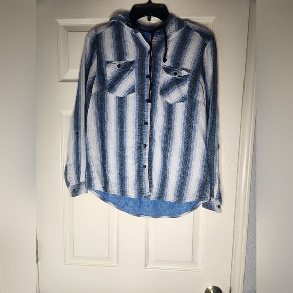 Boston Traders M Striped WhiteBlue Women's Lng Slve ButtonDown Flannel with Hood - Picture 2 of 9